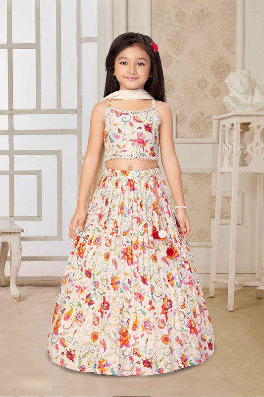 Ethnic Cream Printed Sleeveless Lehenga Choli for Girls