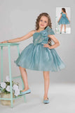 Sea Green Party Frock With Sequin Bow And 3D Flower Detail For Girls