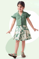 Olive Green Printed Skirt With Top Set For Girls