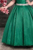 Emerald Green One-Shoulder Party Wear Gown with Embellished Waist Belt For Girls