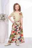 Beige Crochet Top with Multicolor Wide-Leg Pants Set For Girls