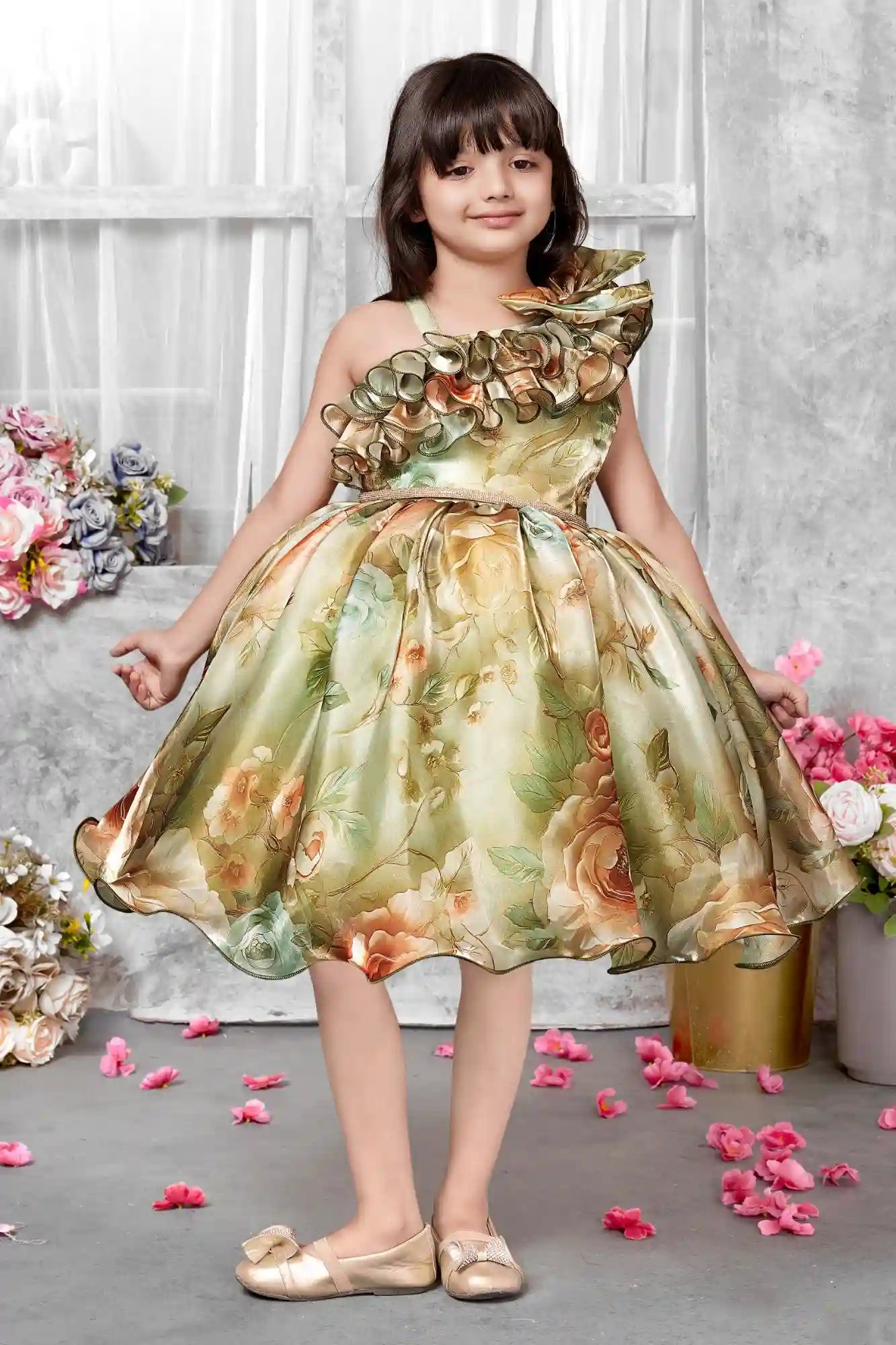 One-Shoulder Floral Party Dress with Ruffle Neckline For Girls