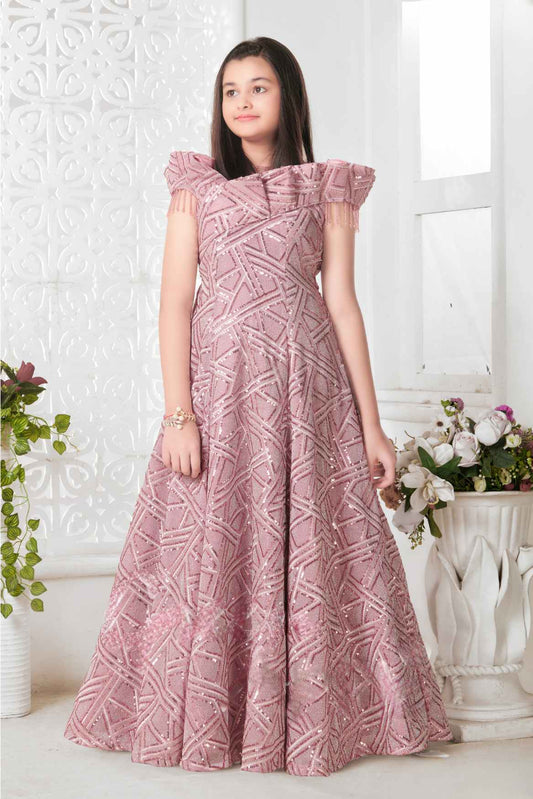 Royal Pink Sequined Partywear Gown For Girls