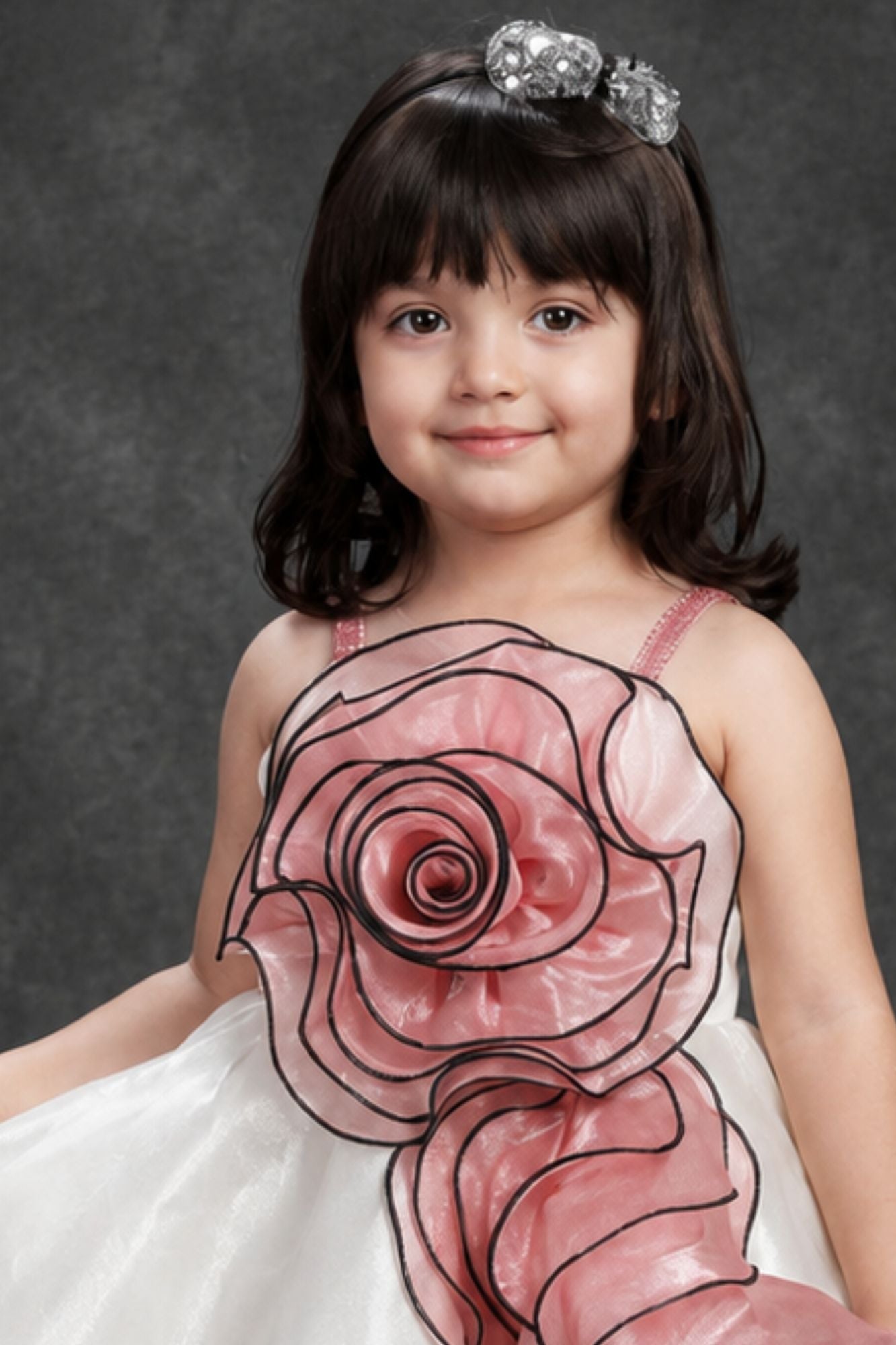White With Blush Pink 3D Floral Party Wear Frock