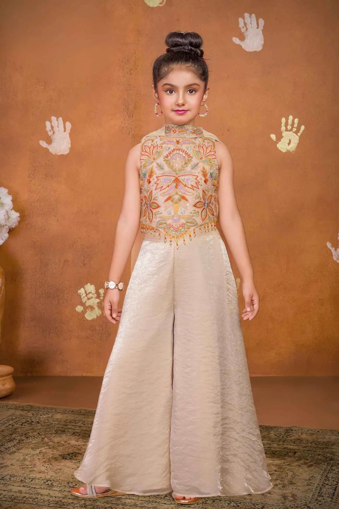 Cream Embroidered Palazzo Set For Girls