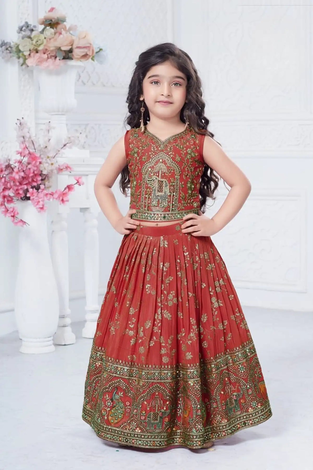 Rust Red Elephant Motif Lehenga Choli with Regal Zari Embroidery