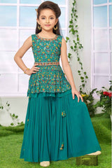 Rama Green Sleeveless And Floral Printed With Embroidered Palazzo Set For Girls