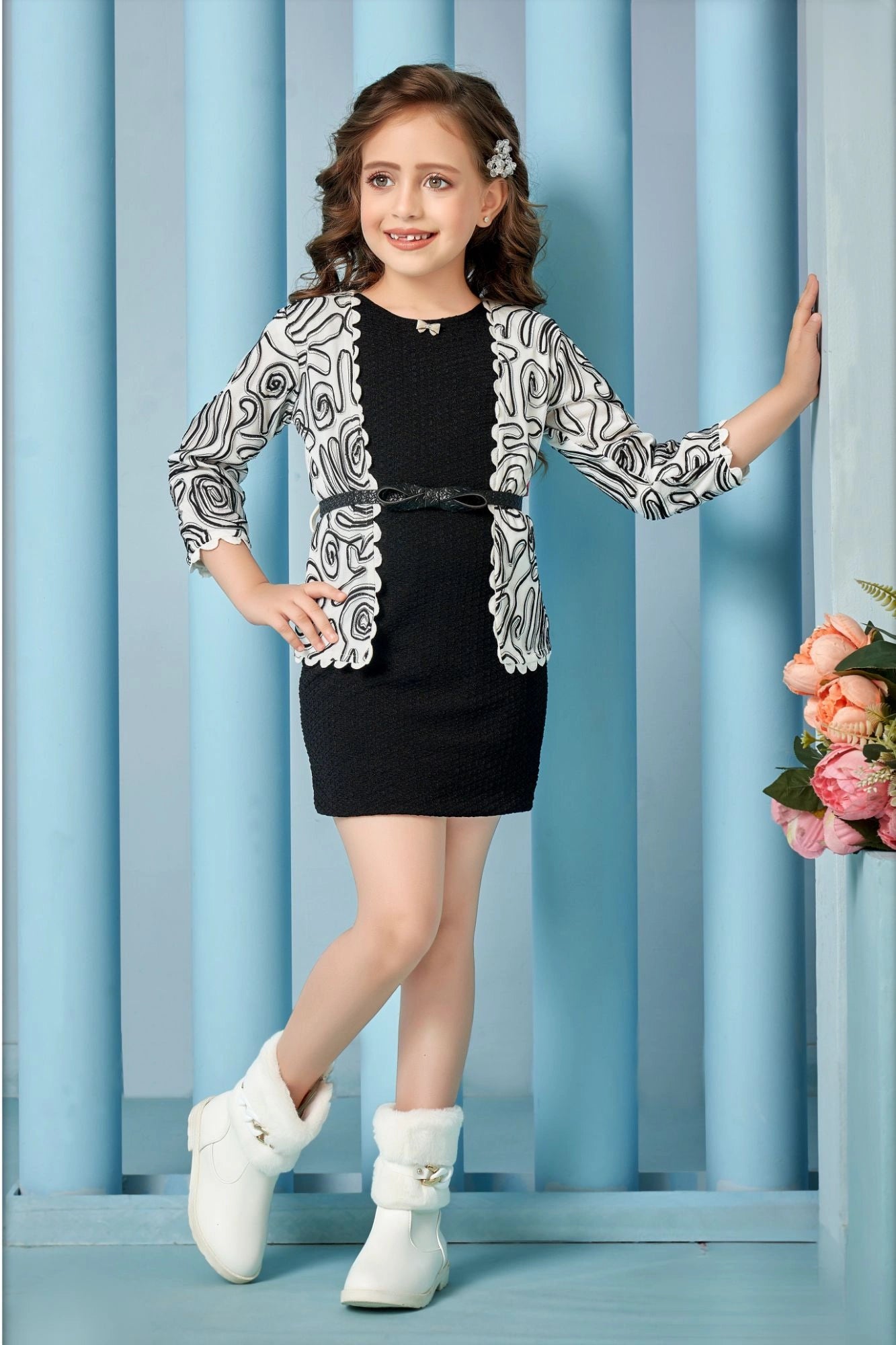 Black Textured Dress with White Printed Jacket & Belted Detail For Girls
