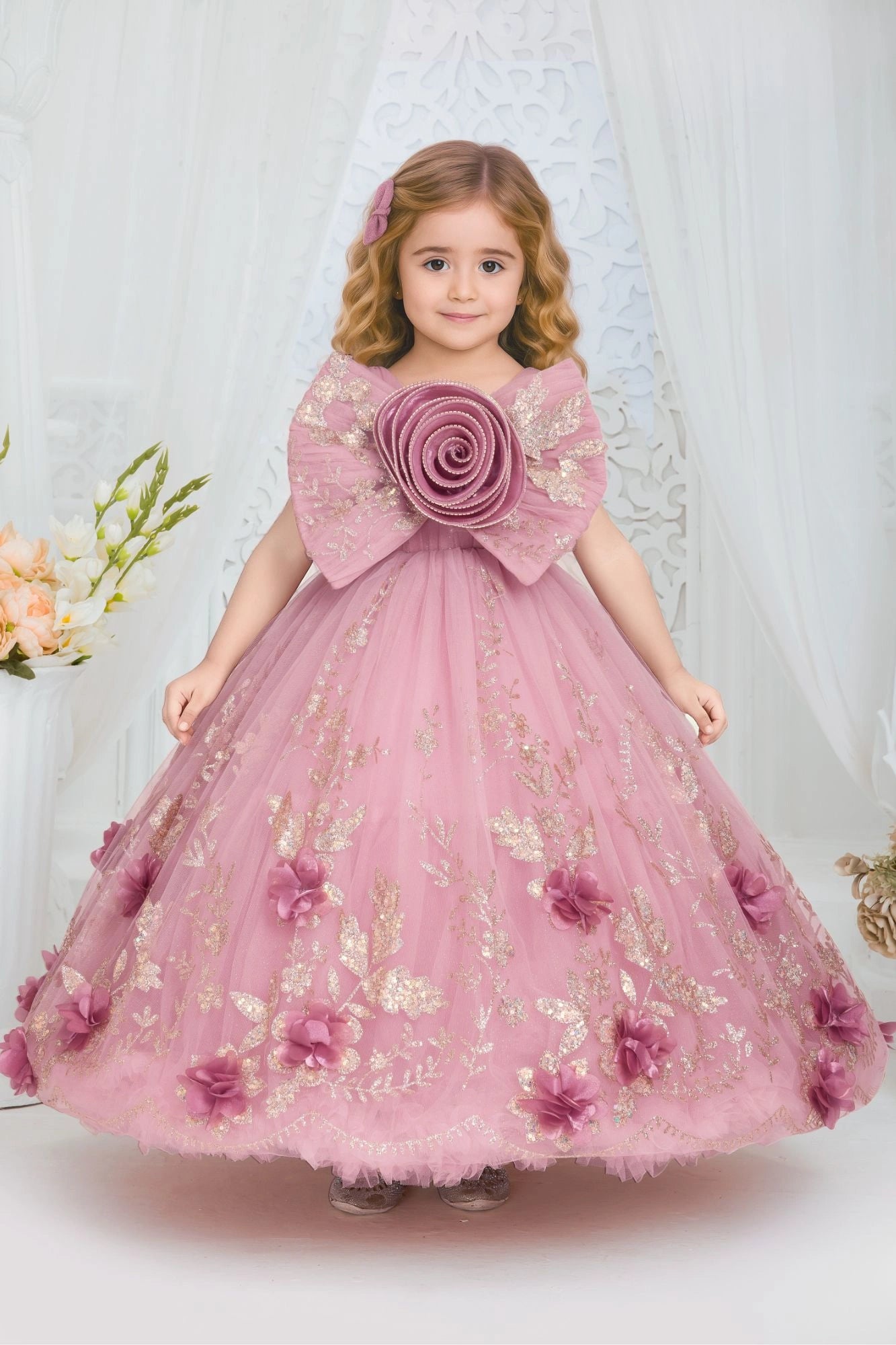 Pink Ball Gown with Oversized Rosette Bow & 3D Floral Applique For Girls