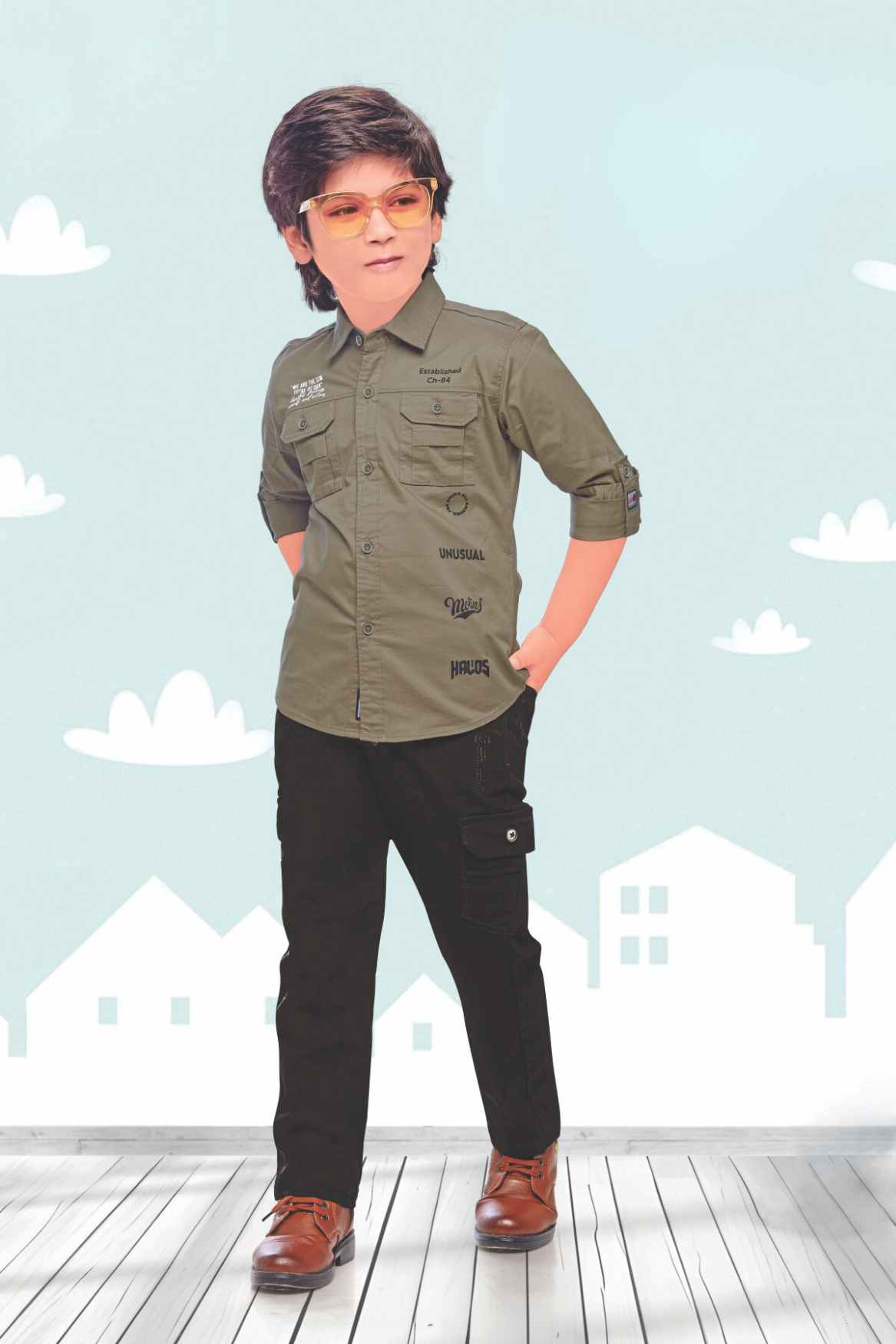 Stylish Olive Green Shirt and Black Pant Set For Boys