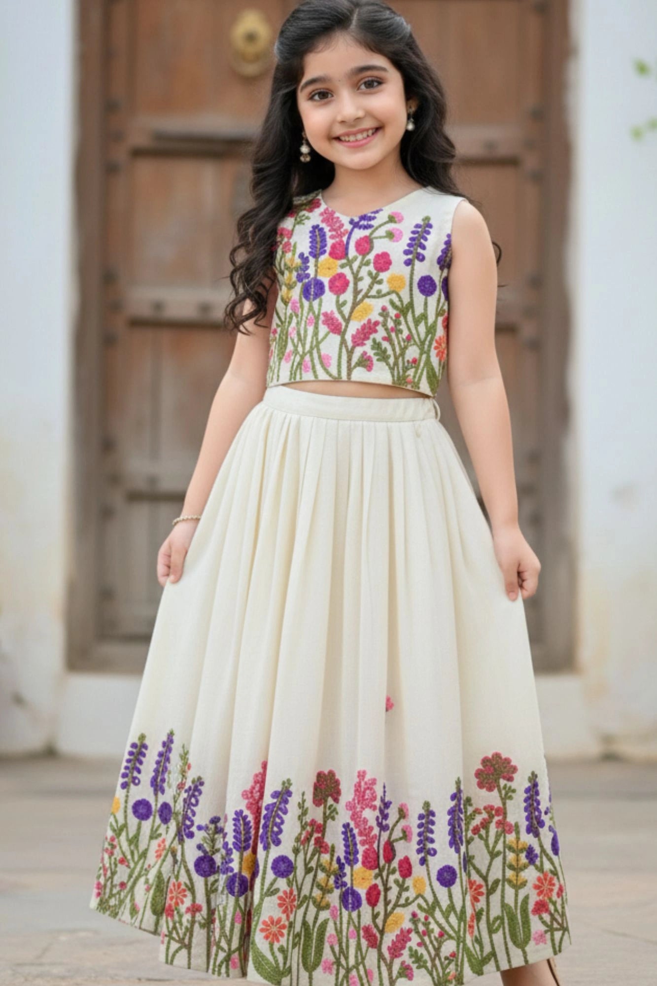 Cream And Multicolor Floral Embroidered Lehenga Choli for Girls