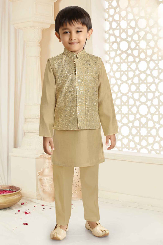 Fawn Kurta Set With Sequins Embroidered Waistcoat For Boys