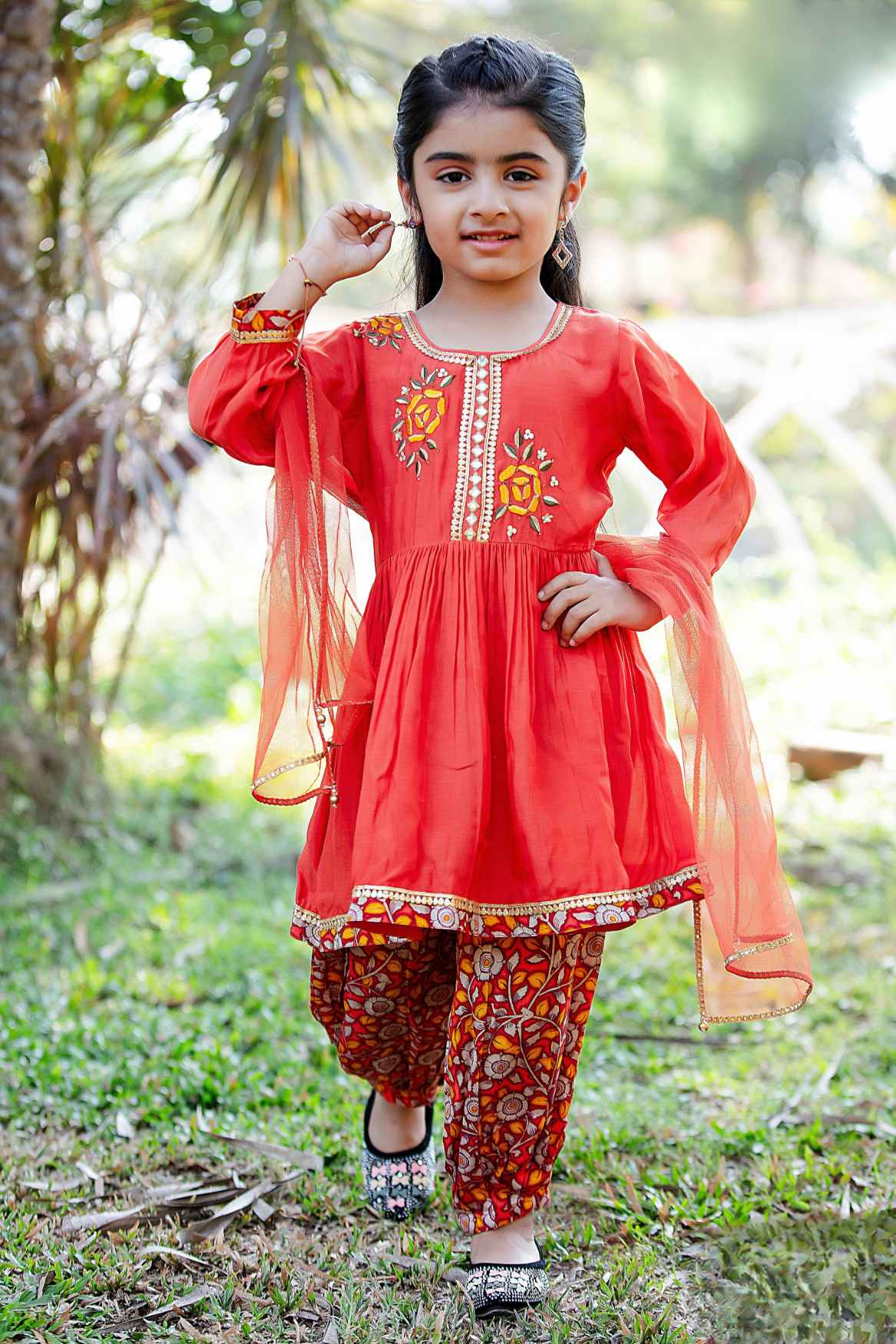 Rust Red Embroidered Kurta With Printed Dhoti Pant Set For Girls