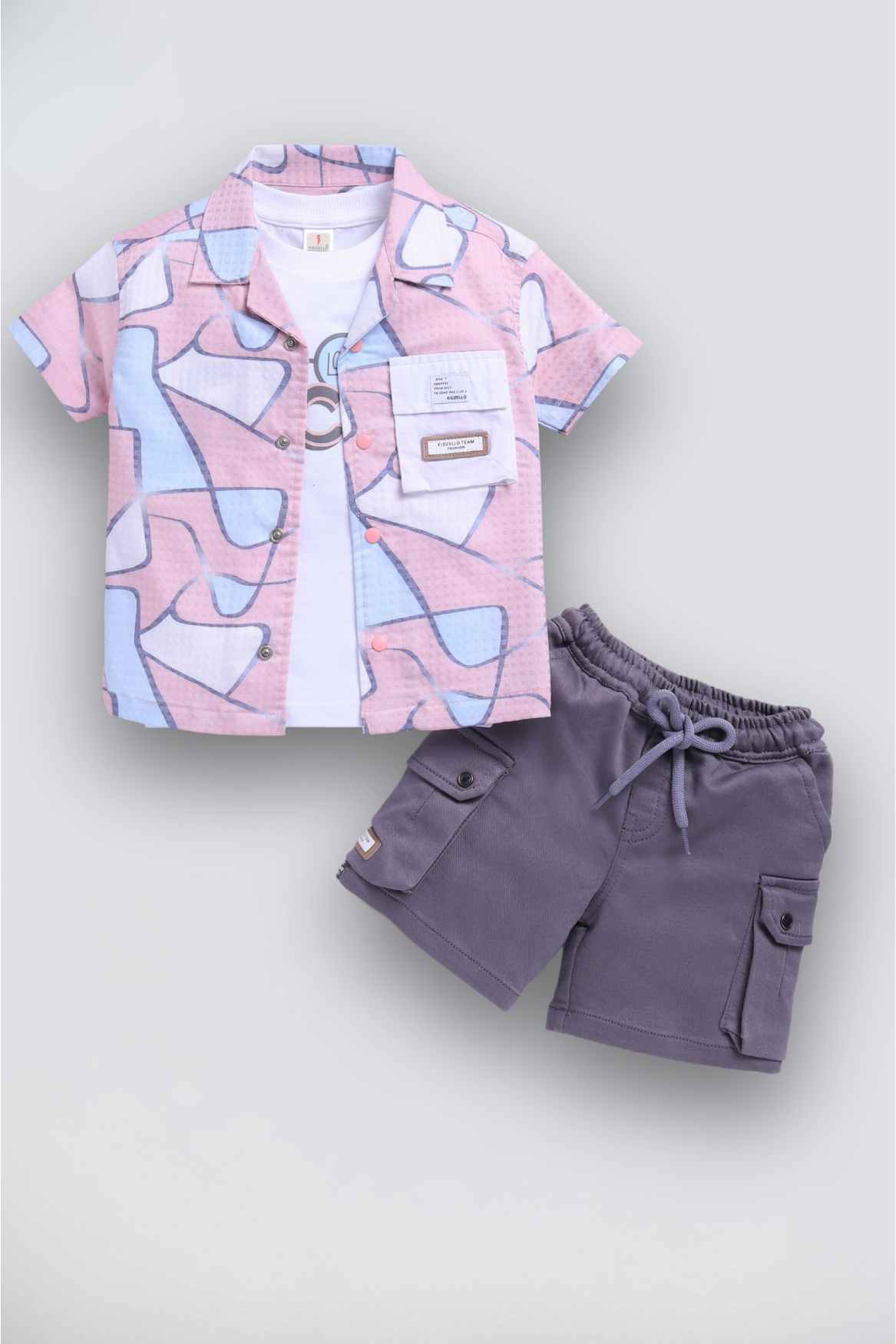 Pink Printed Shirt And Shorts Set With White T-shirt For Boys