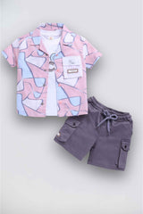Pink Printed Shirt And Shorts Set With White T-shirt For Boys