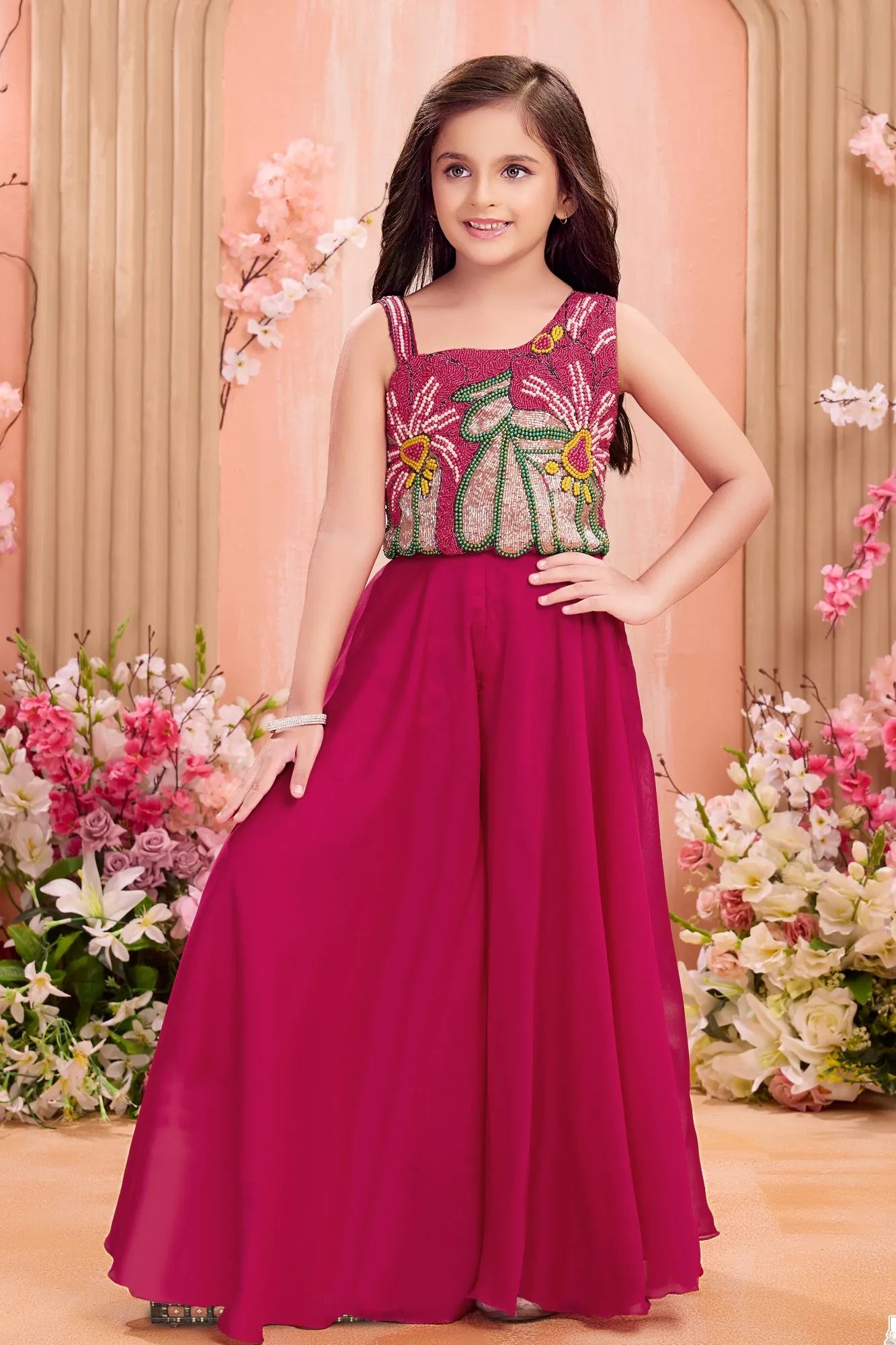 Bright Pink Bead Embroidered Palazzo Set For Girls