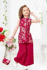 Rani Pink Sequins Embroidery And Printed Palazzo Set With Sling Bag For Girls