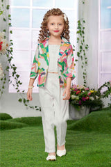 White 3/4th Sleeves And Multicolor Printed Co-Ord Set For Girls