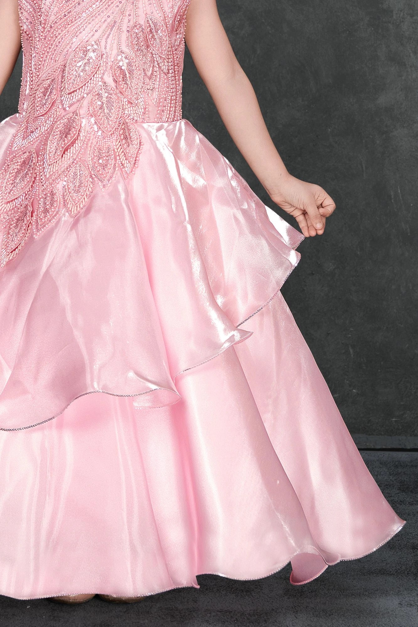 Pink Layered Organza Party Gown with Asymmetric Sequin Embroidery For Girls