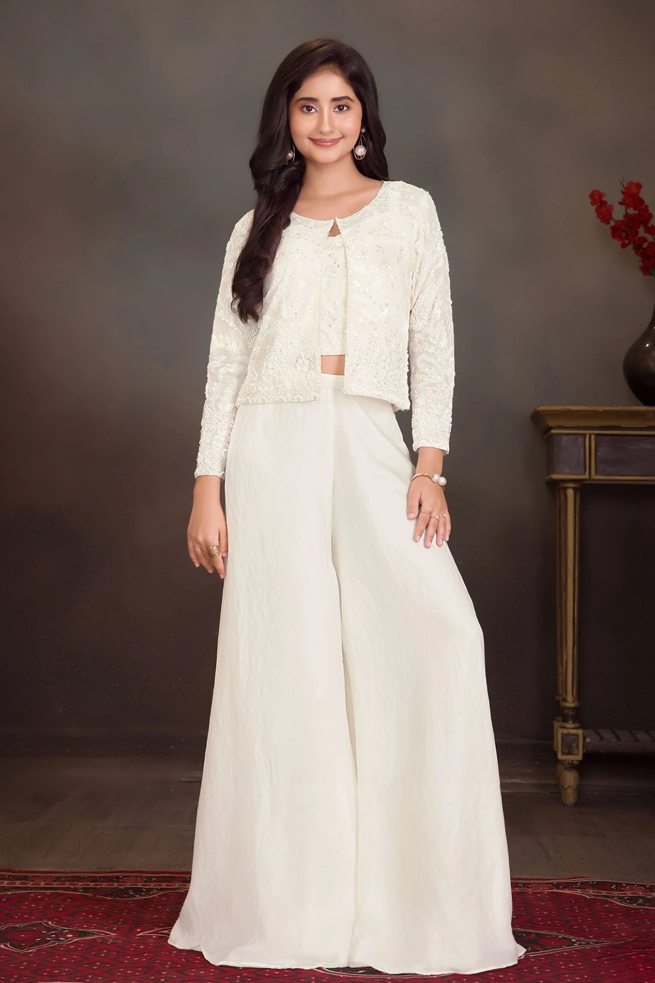 Cream Embroidered Embroidered Palazzo Set With Jacket for Girls