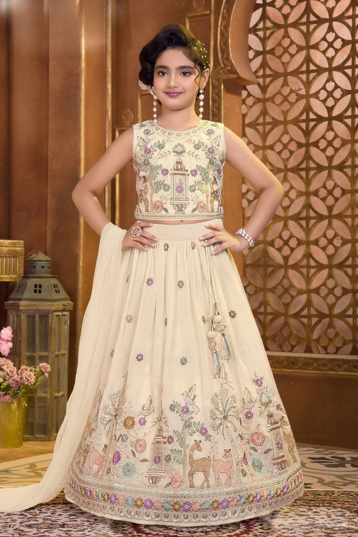 Beige Zari Embroidered Lehenga Choli Set For Girls