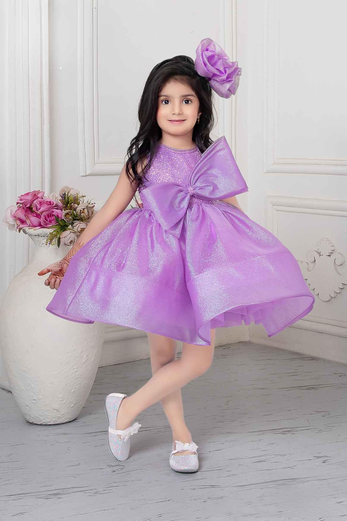 Lavender Shimmer Organza Frock With Embellished Bow For Girls - Lagorii Kids