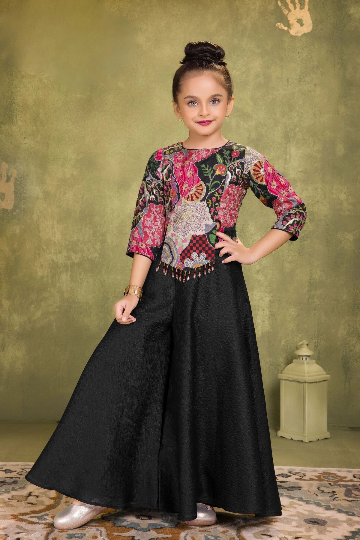 Black & Multicolor Embroidered Palazzo Set For Girls