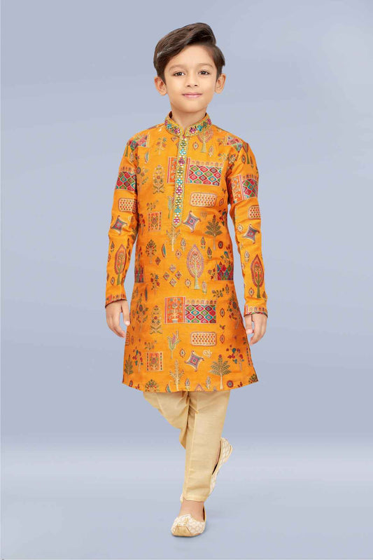 Ethnic Mustard Printed Kurta Set For Boys