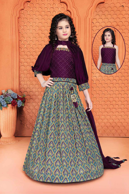 Stylish Magenta Sequin Top With Multicolor Printed Lehenga Choli Set For Girls