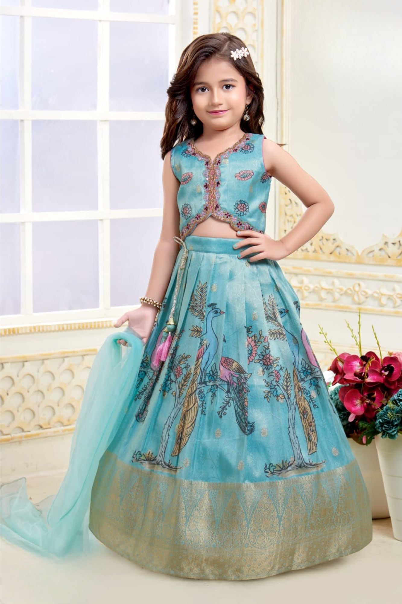 Teal Blue Peacock Printed Lehenga Choli Set with Embroidered Blouse For Girls