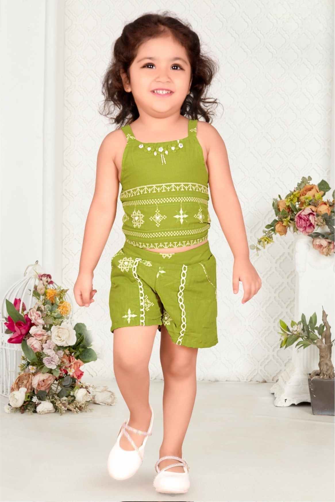 Stylish Green Thread Work Top And Shorts Set For Girls