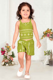 Stylish Green Thread Work Top And Shorts Set For Girls