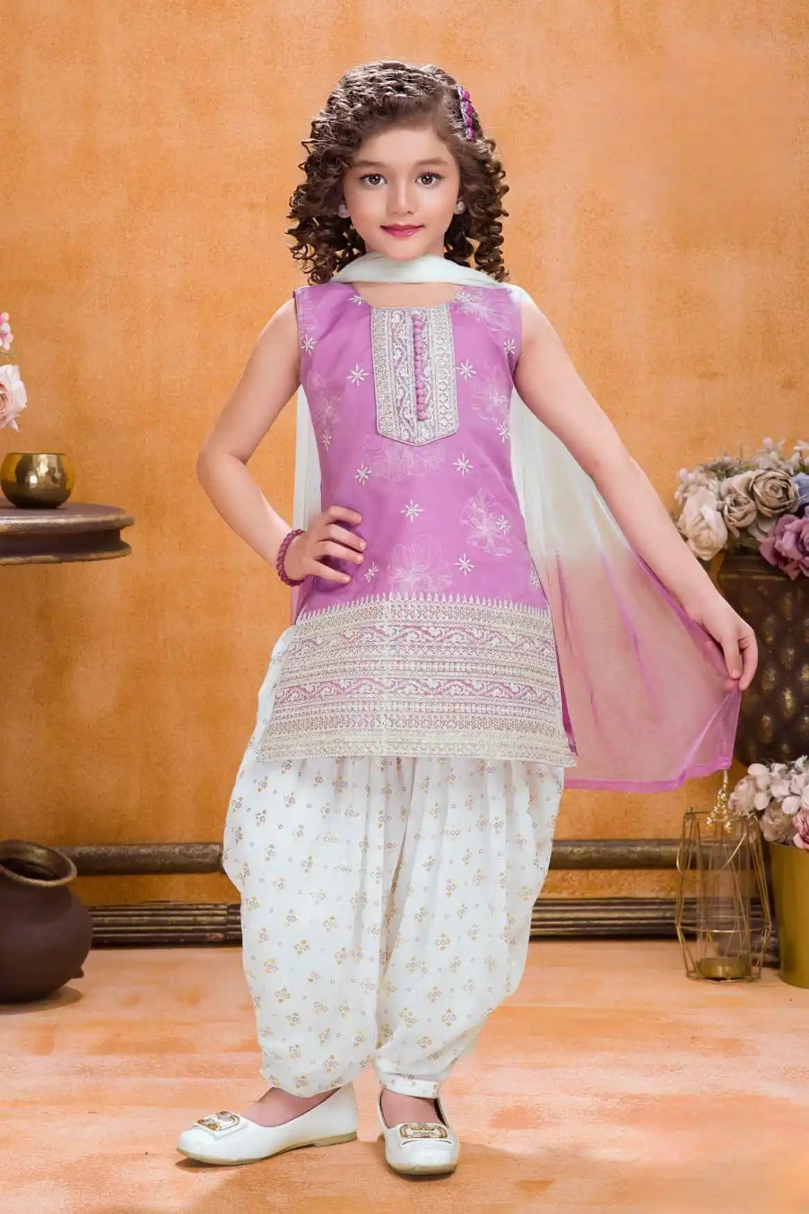 Lavender And White Patiala Set With Embroidered Kurti And Dupatta For Girls