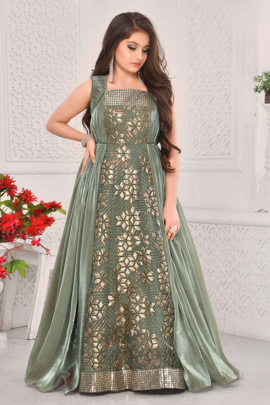 Elegant Olive Green Party Gown With Gold Foil Work For Girls