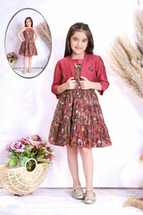 Maroon Floral Printed Frock With Waist Coat For Girls