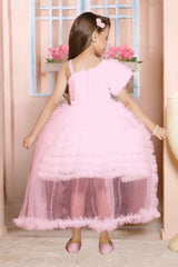 Pink Sequins Work With Bow Embellished Party Wear Tailback Frock For Girls