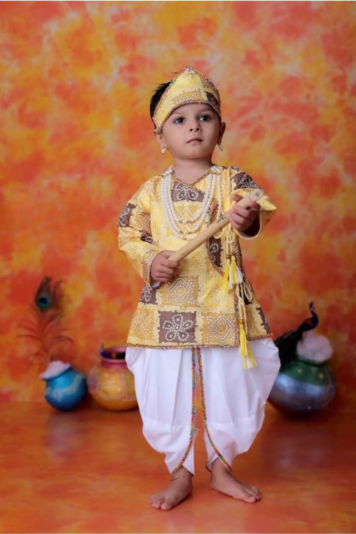 Yellow Krishna Janmashtami Printed kurta With Dhoti Set  For Boys