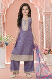 Lavender Embroidered Kurta Set with Floral Printed Dupatta For Girls