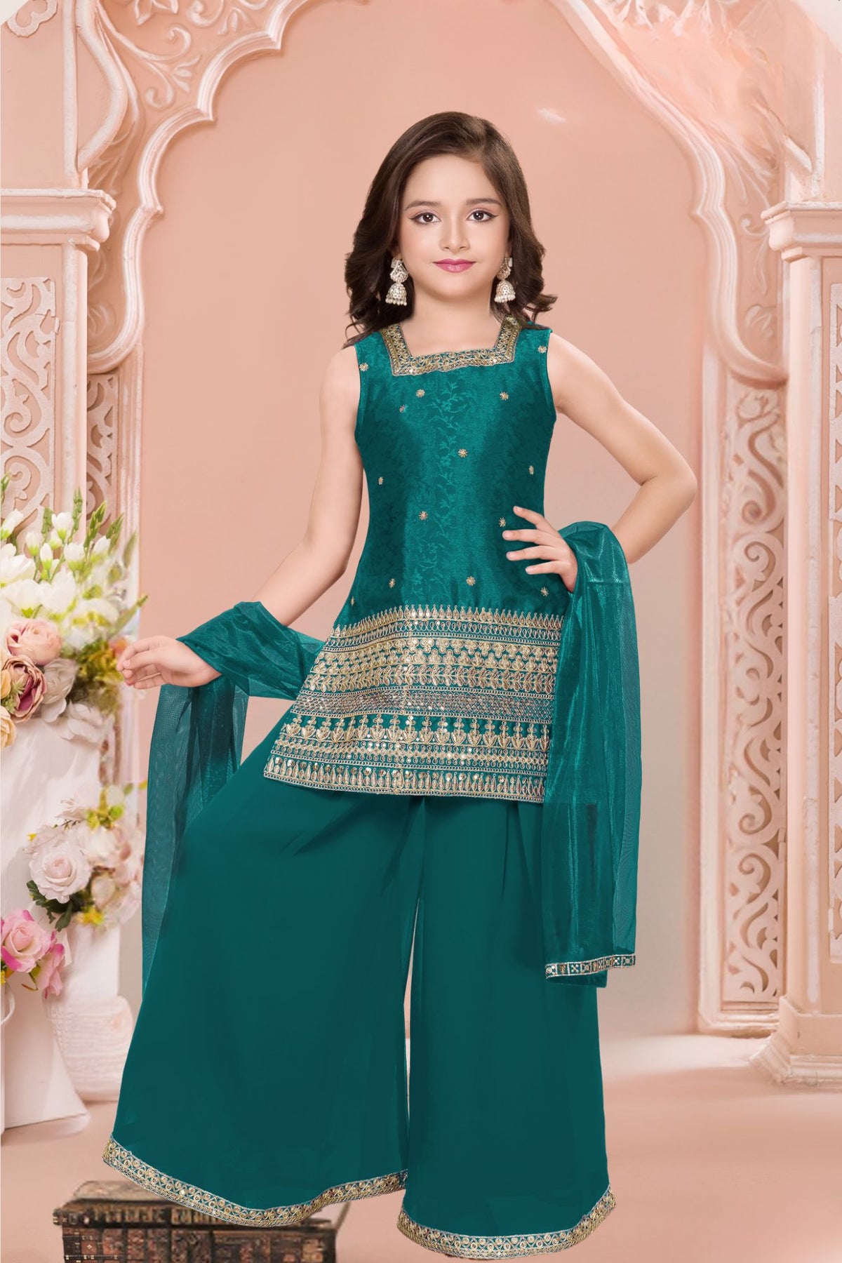 Rama Green Embroidered Palazzo Set For Girls