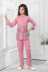 Stylish Pink Embroidered Co ord Set For Girls