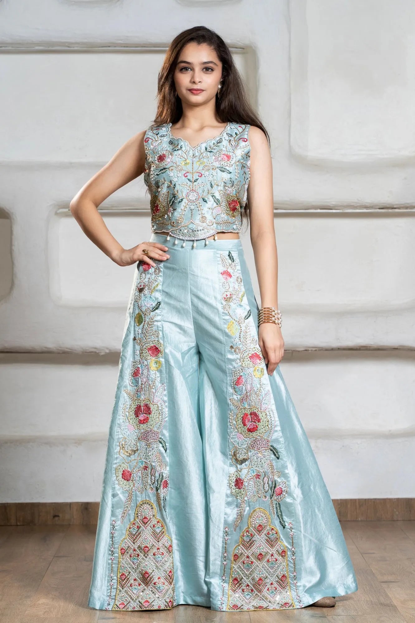 Aqua Blue Heavy Embroidered Crop Top with Flowing Palazzo For Girls