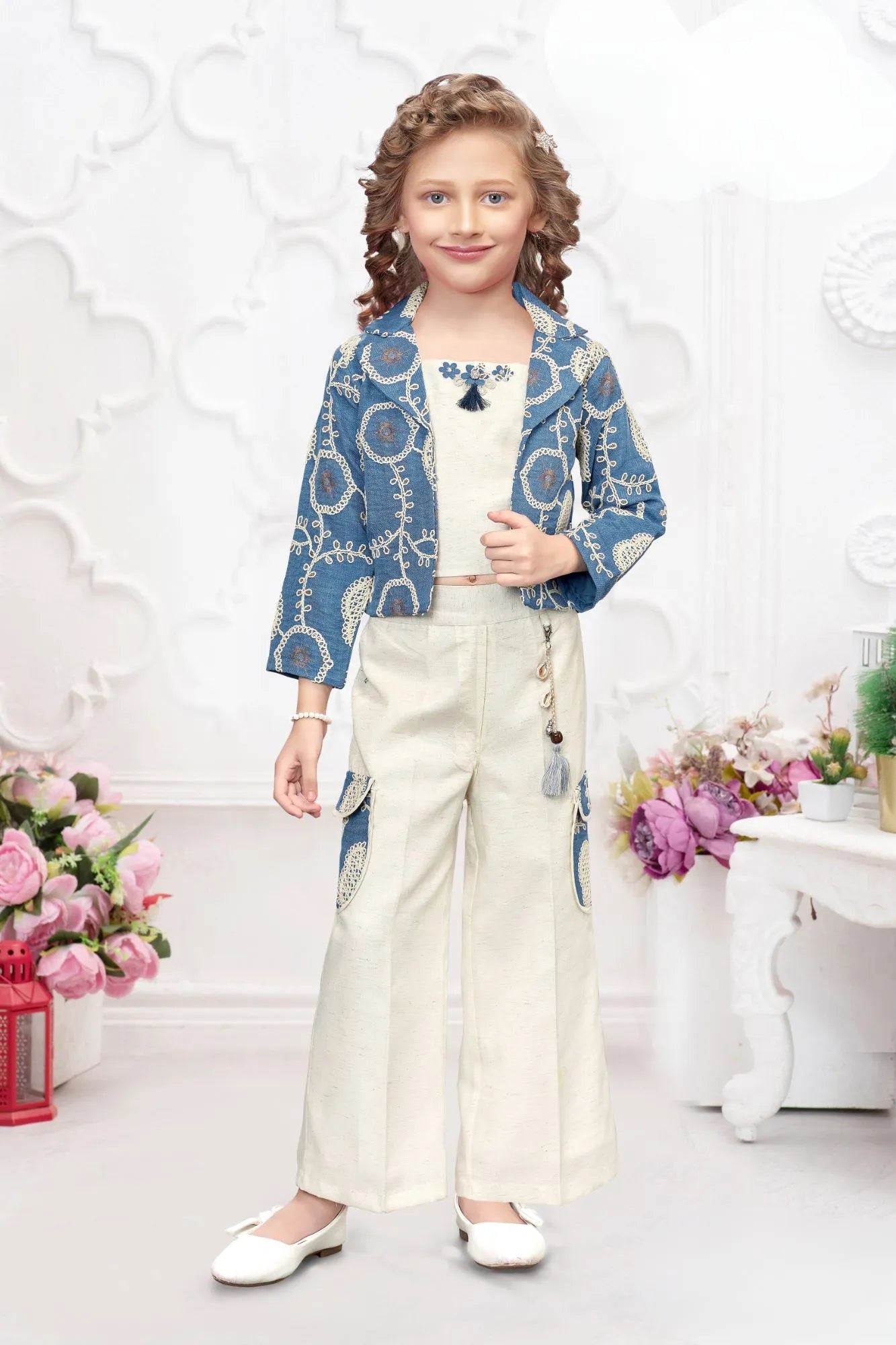Blue Embroidered Jacket & Cream Co-Ord Set For Girls