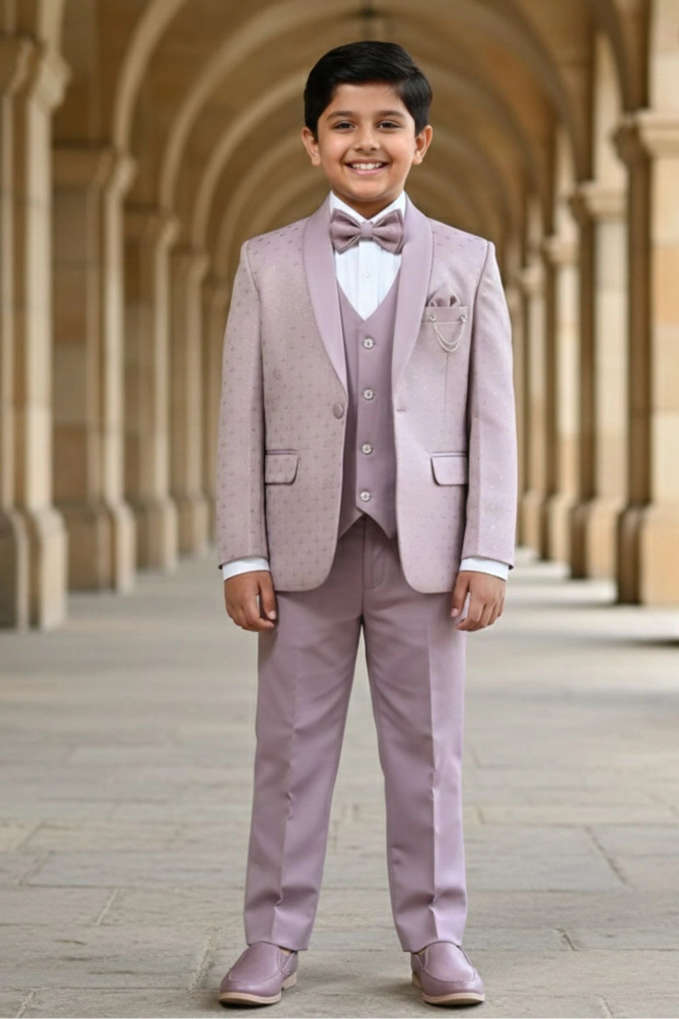 Premium Mauve Self Design 5-Piece Party Suit Set For Boys