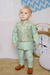 Pista Green Full Sleeve Kurta Set With Sequins Worked Waist Coat For Boys