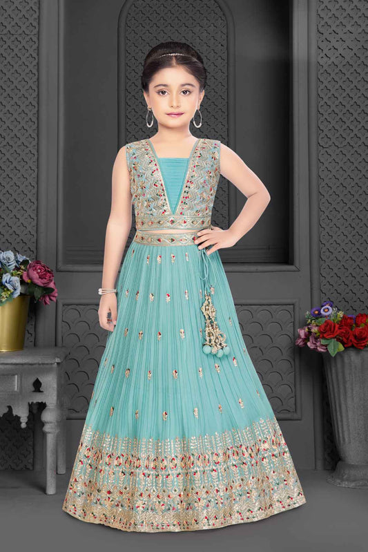 Blue Sequin and Embroidery Lehenga Choli Set For Girls