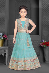 Blue Sequin and Embroidery Lehenga Choli Set For Girls