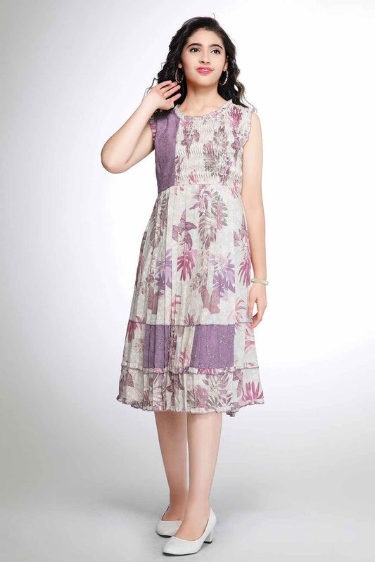 Lavender Printed And Sequins Work Casual Wear Frock For Girls