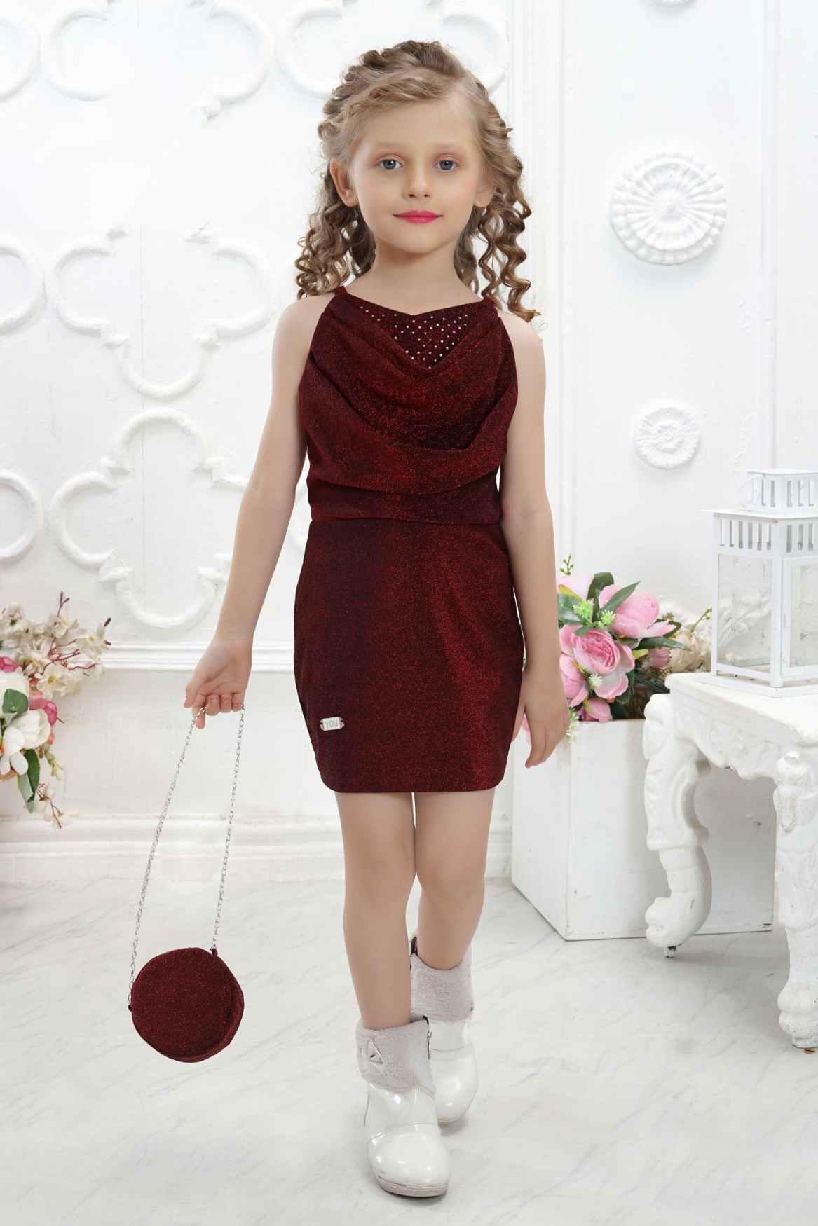 Maroon Sequin Party Wear Dress With Cowl Neck For Girls - Lagorii Kids