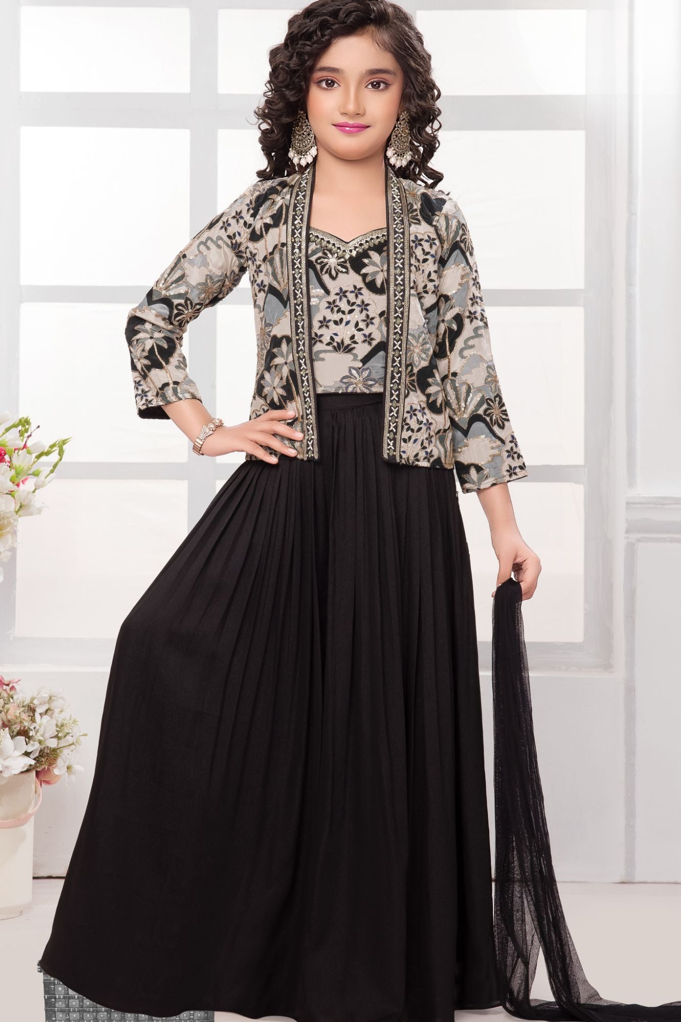 Black Palazzo Set with Embroidered Jacket and Dupatta For Girls