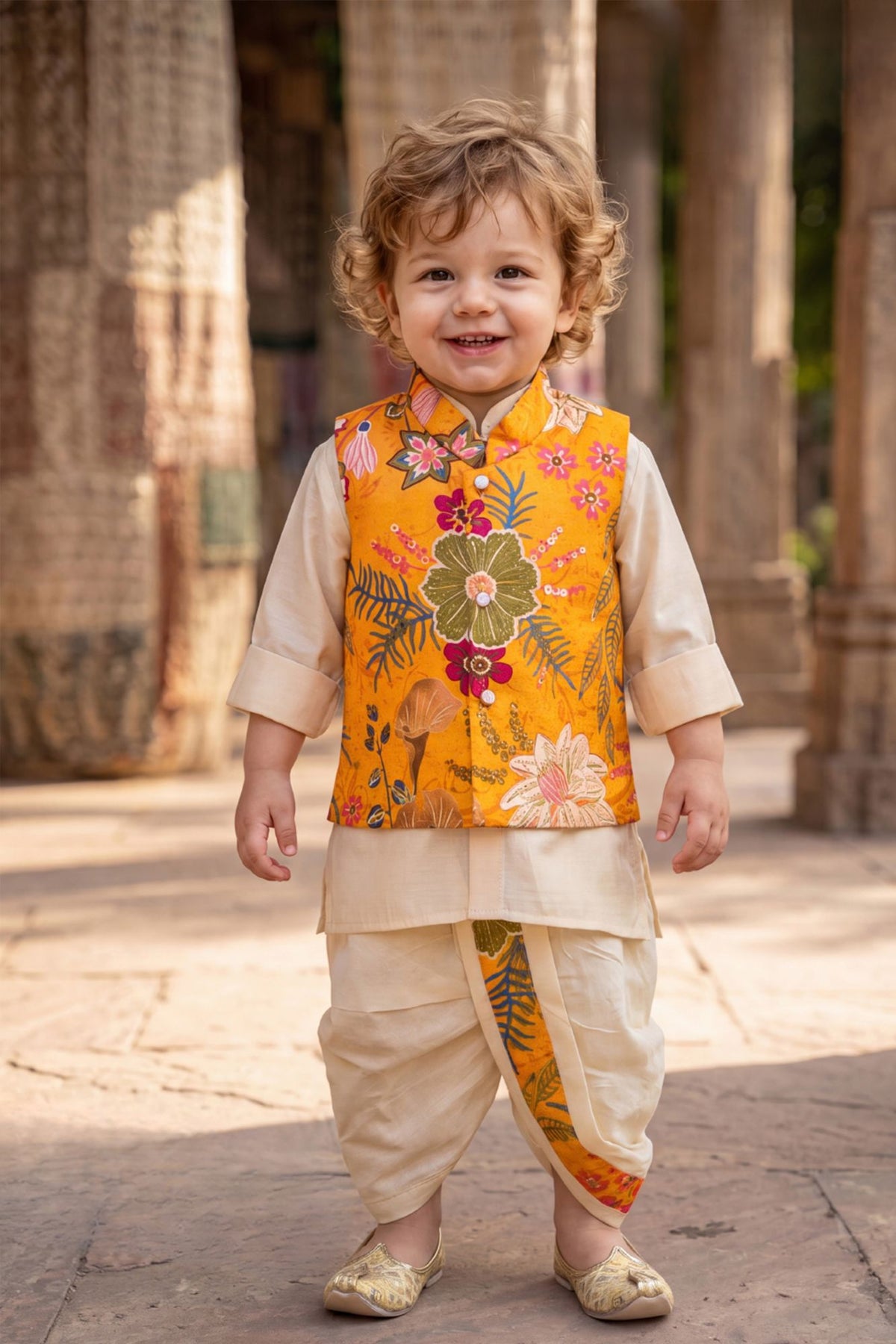 Boys Mustard Floral Printed Jacket Kurta Dhoti Set